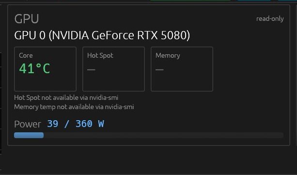 GPU panel: NVIDIA core temp, power, utilization, VRAM